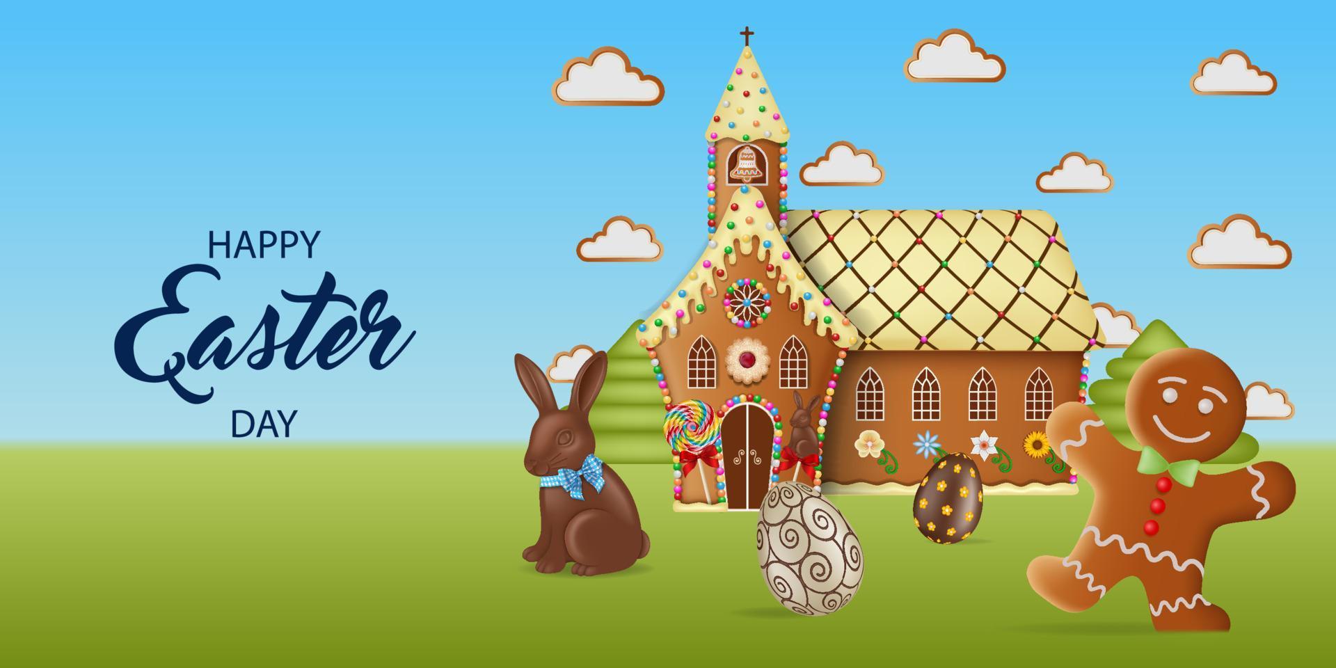 fondo de pascua con galletas de jengibre y huevos de chocolate. paisaje primaveral con huevos de pascua e iglesia de pan de jengibre vector