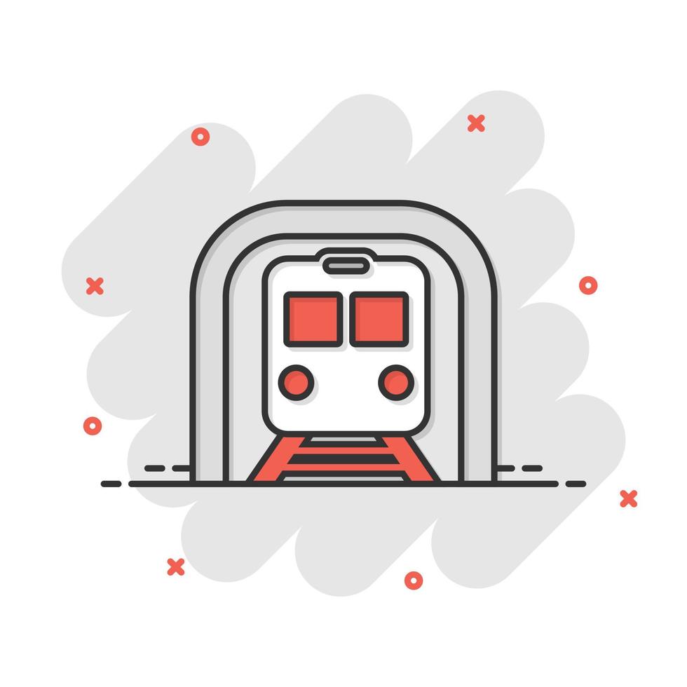 Metro icon in comic style. Train subway cartoon vector illustration on white isolated background. Railroad cargo splash effect business concept.