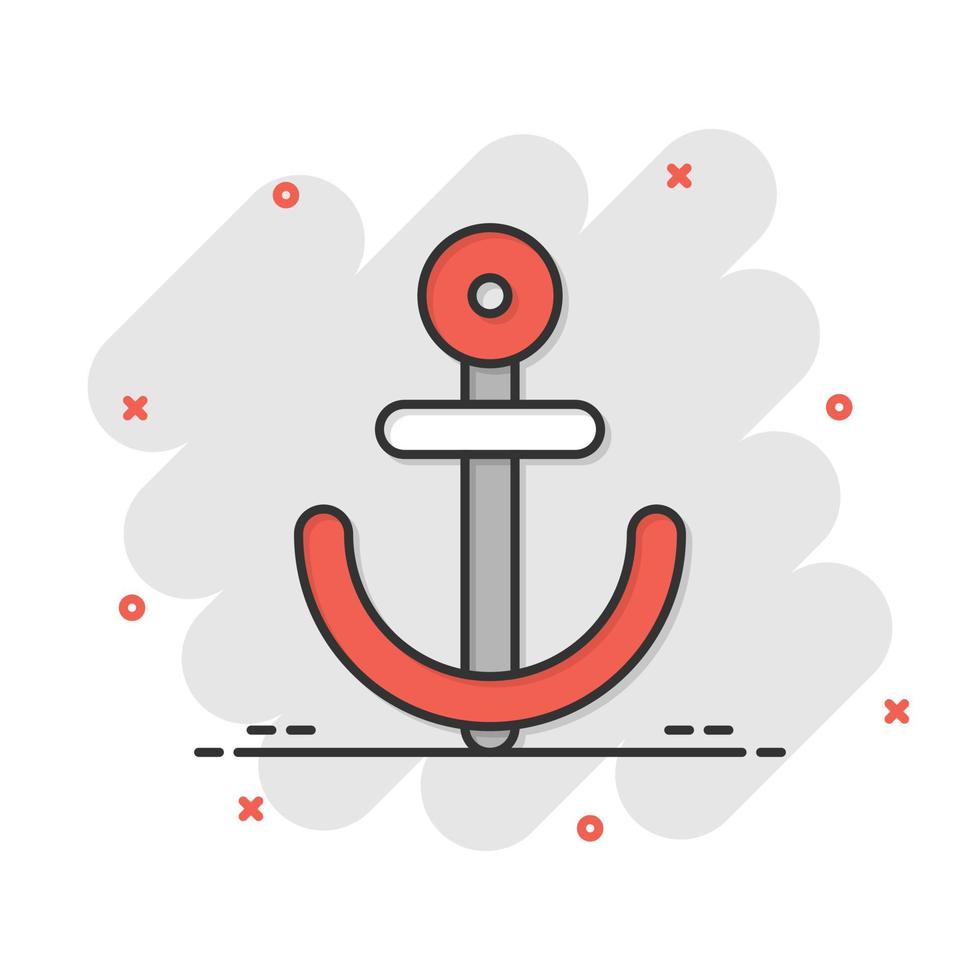 Boat anchor icon in comic style. Vessel hook cartoon vector illustration on white isolated background. Ship equipment splash effect business concept.