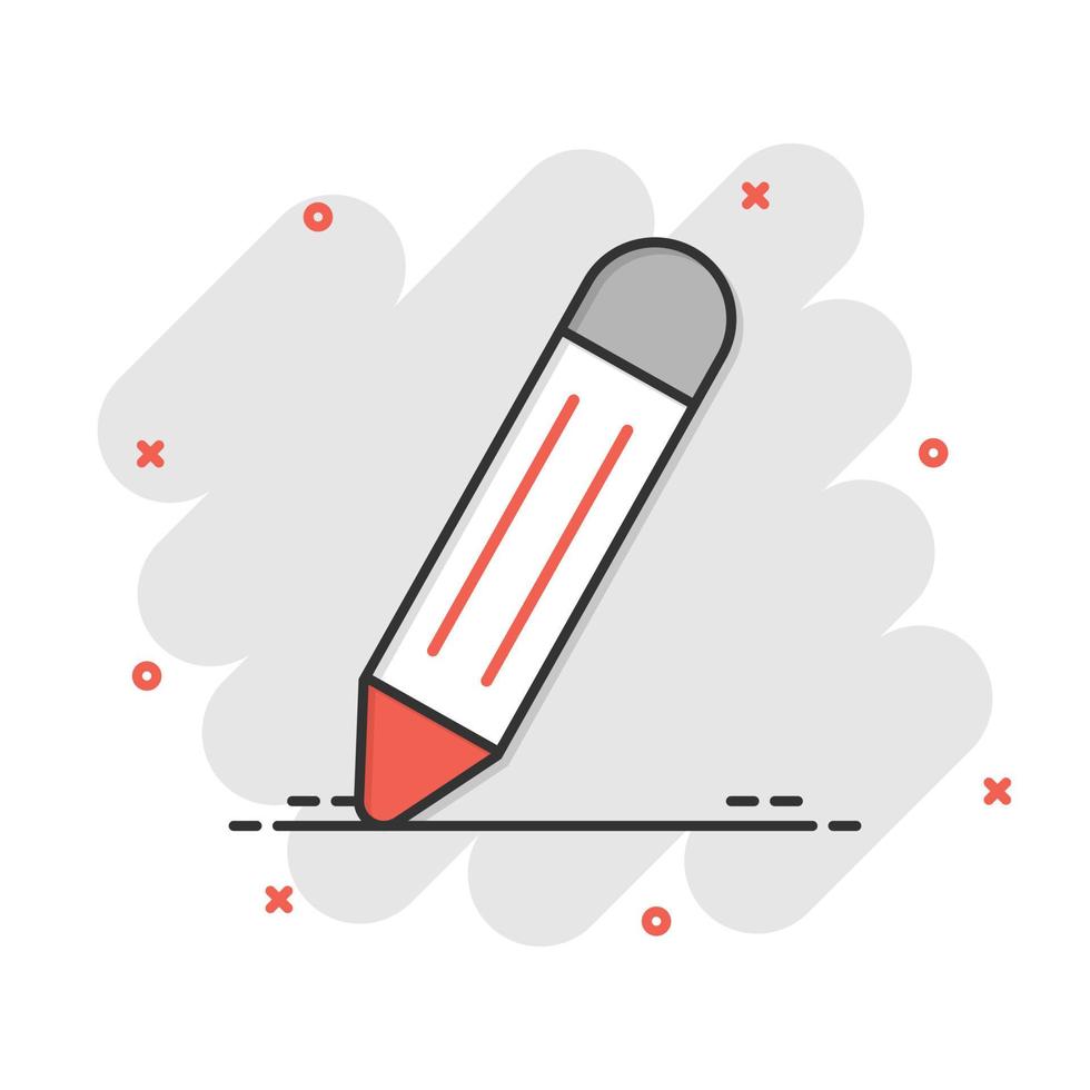 Pencil icon in comic style. Pen cartoon vector illustration on white isolated background. Drawing splash effect business concept.