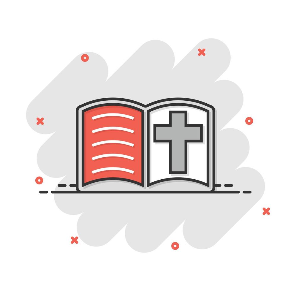 Bible book icon in comic style. Church faith cartoon vector illustration on white isolated background. Spirituality splash effect business concept.