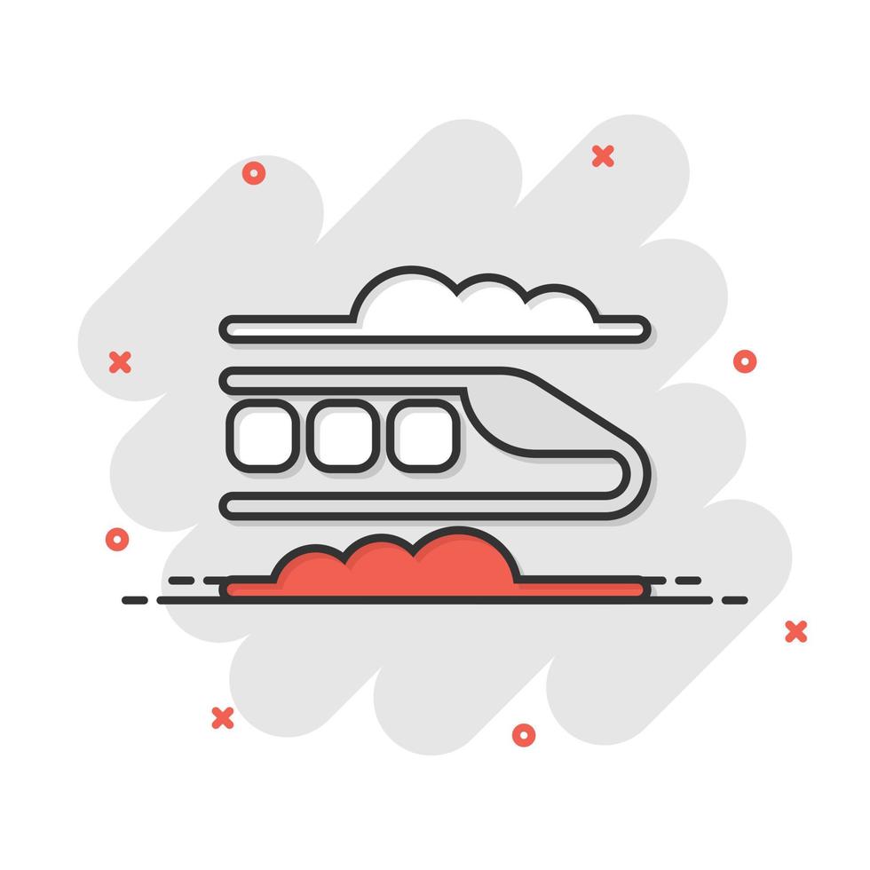 Metro icon in comic style. Train subway cartoon vector illustration on white isolated background. Railroad cargo splash effect business concept.