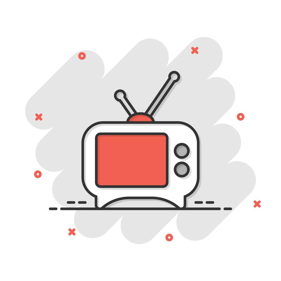 icono de tv en estilo cómico. ilustración de vector de signo de dibujos animados de televisión sobre fondo blanco aislado. concepto de negocio de efecto de salpicadura de canal de video.