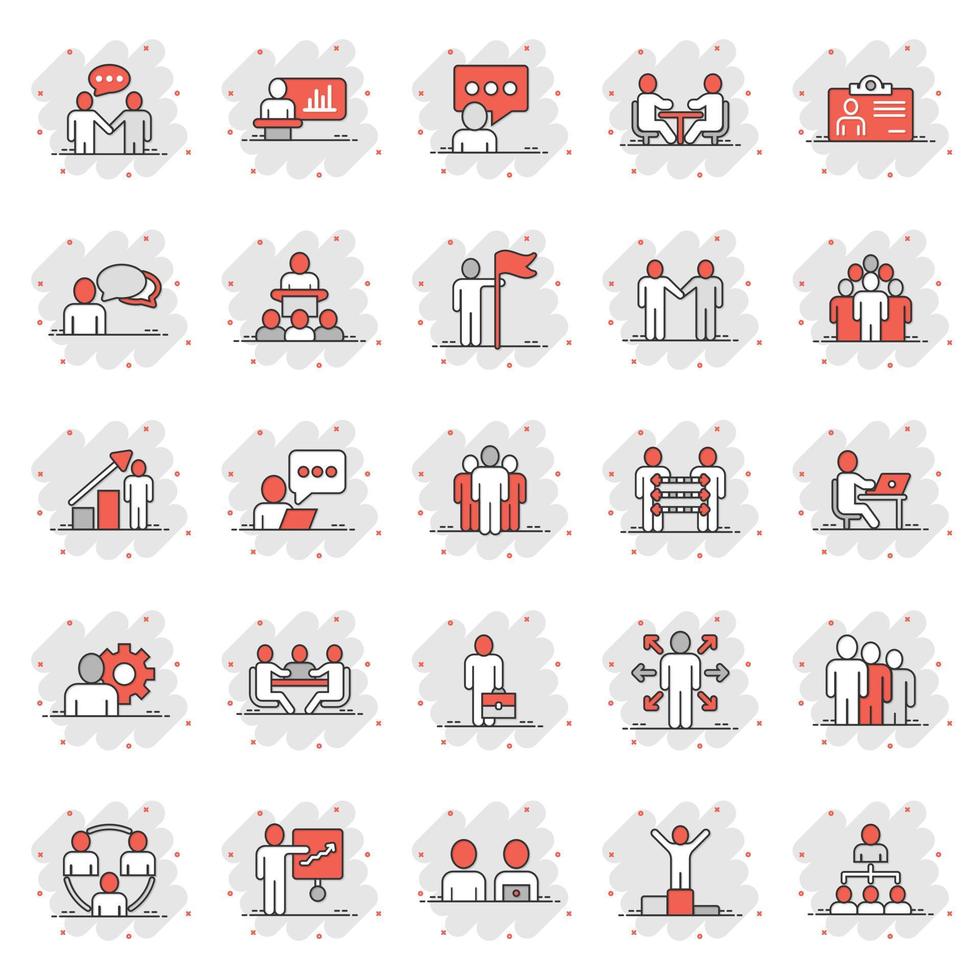 Business communication icon set in comic style. Team structure cartoon vector illustration on white isolated background. Office teamwork splash effect business concept.