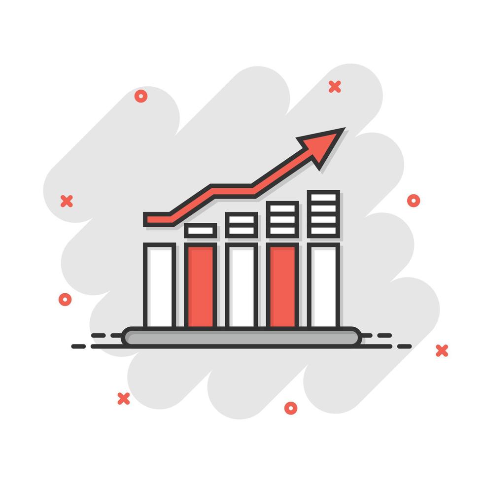 Chart graph icon in comic style. Arrow grow cartoon vector illustration on white isolated background. Analysis splash effect business concept.