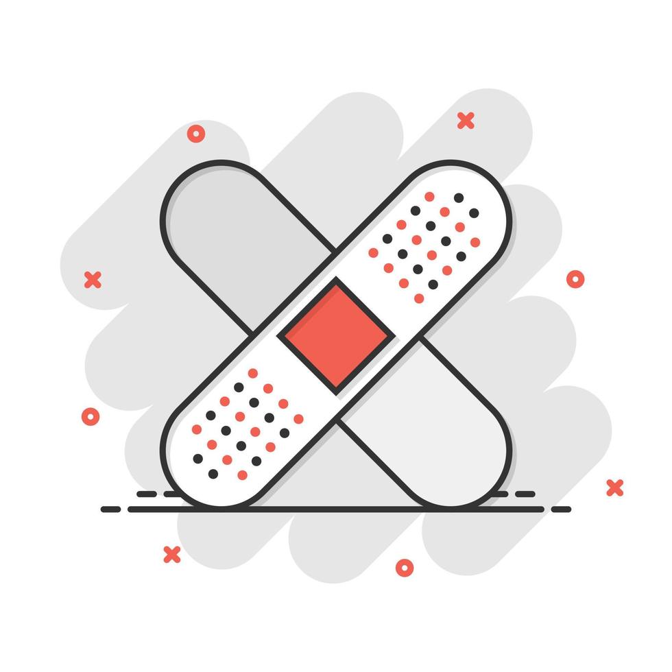 Bandage icon in comic style. Plaster cartoon vector illustration on white isolated background. First aid kit splash effect business concept.