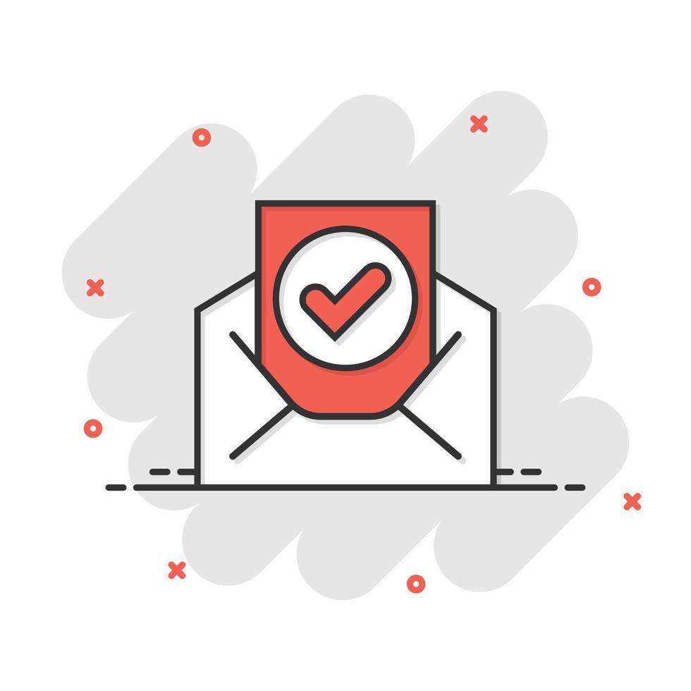 Envelope with confirmed document icon in comic style. Verify cartoon vector illustration on white isolated background. Receive splash effect business concept.