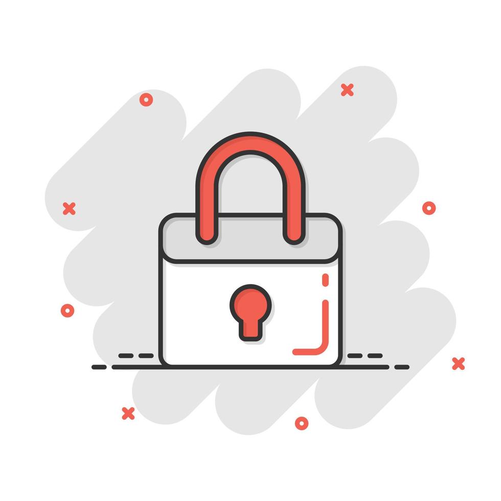 Locker icon in comic style. Padlock password cartoon vector illustration on white isolated background. Key unlock splash effect business concept.