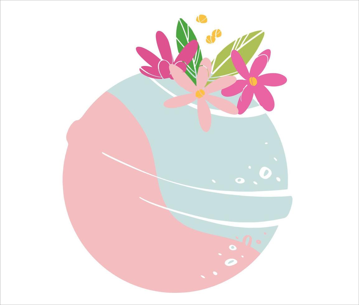 Fragrant fizzy bath bomb. Cosmetic bubbling bath ball. Bath bomb with flowers. Home care. Vector illustration.