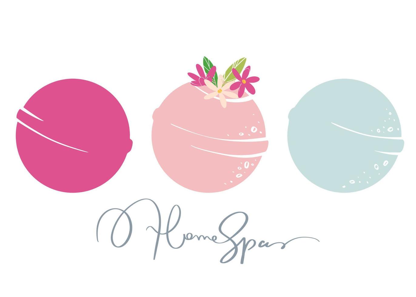 A set of fragrant effervescent bath bombs. Cosmetic bubbling bath ball. Bath bomb with flowers. Home care. Vector illustration.