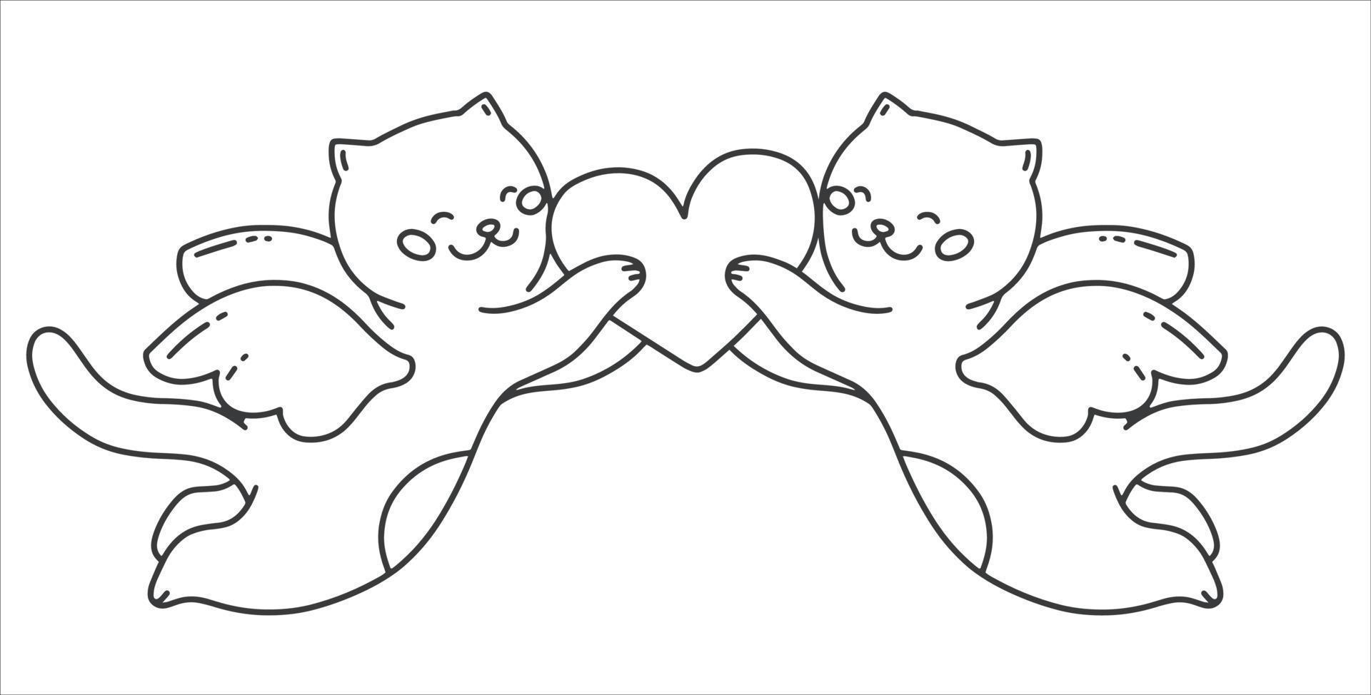 Two cupid cats are holding a heart. Angel cat. Valentine's day card. Vector illustration in a linear style.
