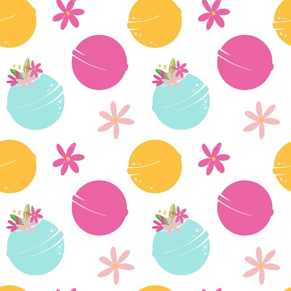 Seamless pattern with fragrant fizzy bath bombs. Cosmetic bubbling bath ball. Bath bomb with flowers. Vector illustration for packaging and any design.