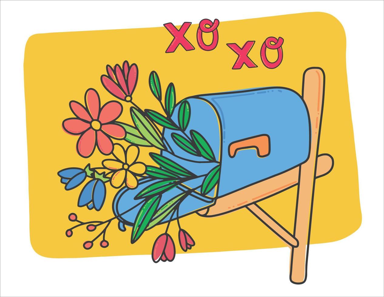 Mailbox with flowers on a yellow background. Bright postcard for Valentine's Day. Bouquet of wild flowers. Romantic mail. Vector illustration in a linear style.