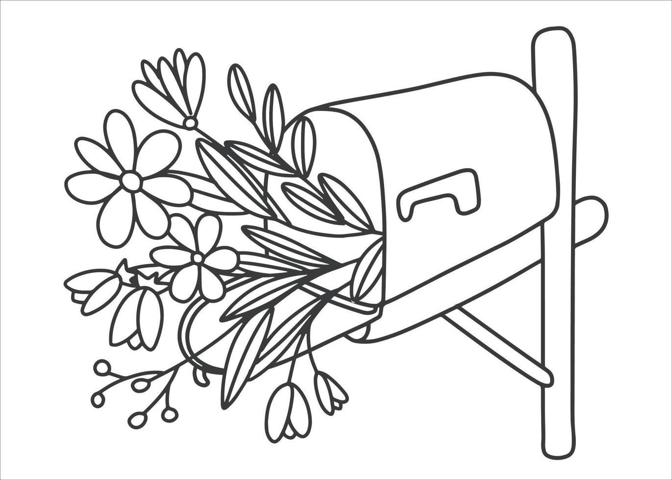 Black and white mailbox with flowers. Bouquet of wild flowers. Romantic mail. Picture for coloring. Vector illustration in a linear style.