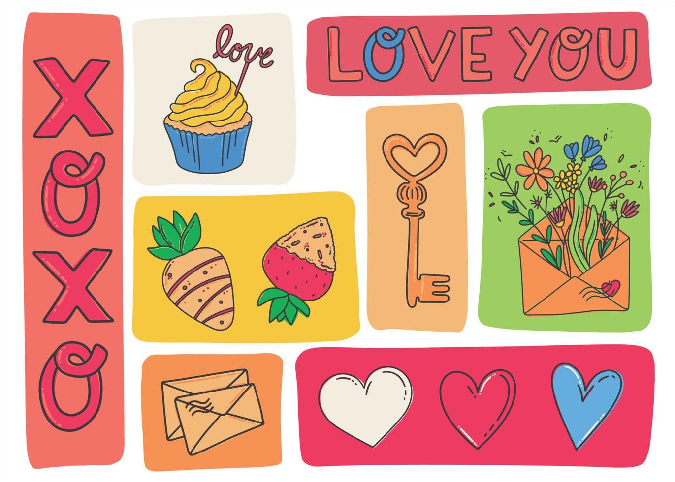 Postcard for Valentine's Day. A letter with flowers, a key from the heart, a chocolate-covered strawberry, a cake and the inscription I love you. Symbols of the holiday of all lovers. vector