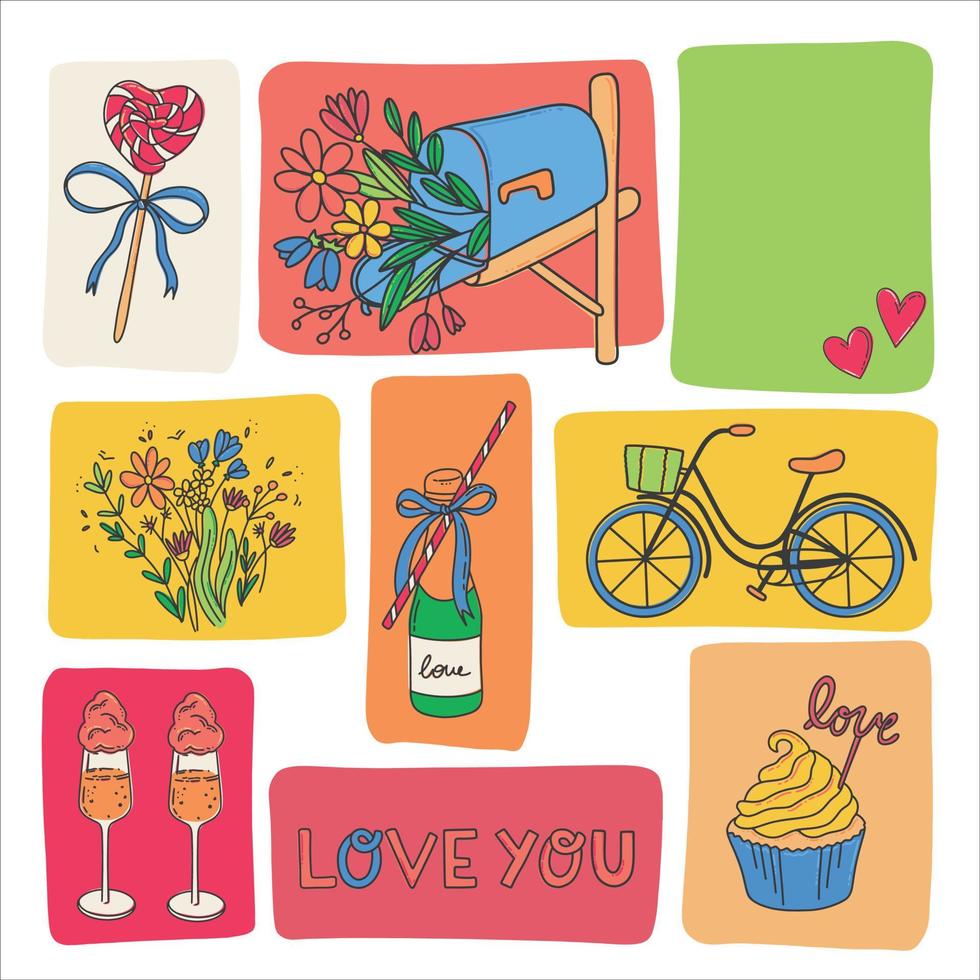 Postcard for Valentine's Day. A mailbox with flowers, a heart-shaped lollipop, cotton candy glasses and champagne. Symbols of the holiday of all lovers. Vector illustration in a flat style.