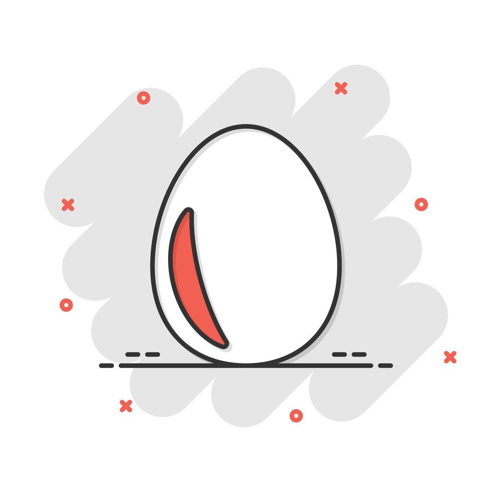 Egg icon in comic style. Breakfast cartoon vector illustration on white isolated background. Eggshell splash effect business concept.