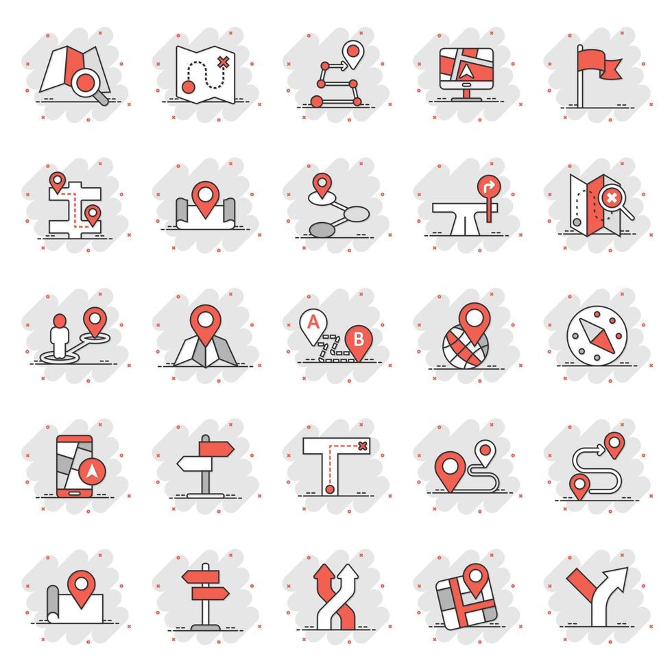 Navigation icon set in comic style. Gps direction cartoon vector illustration on white isolated background. Locate pin position splash effect business concept.