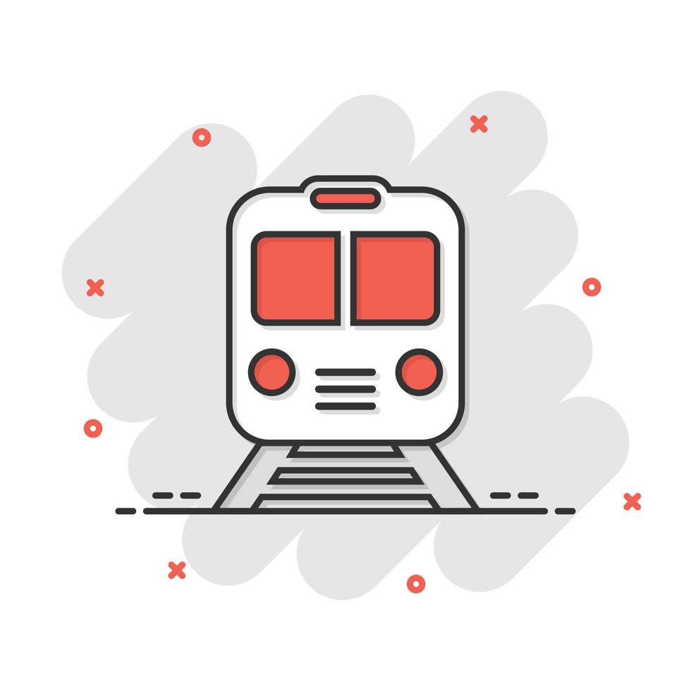 Metro icon in comic style. Train subway cartoon vector illustration on white isolated background. Railroad cargo splash effect business concept.