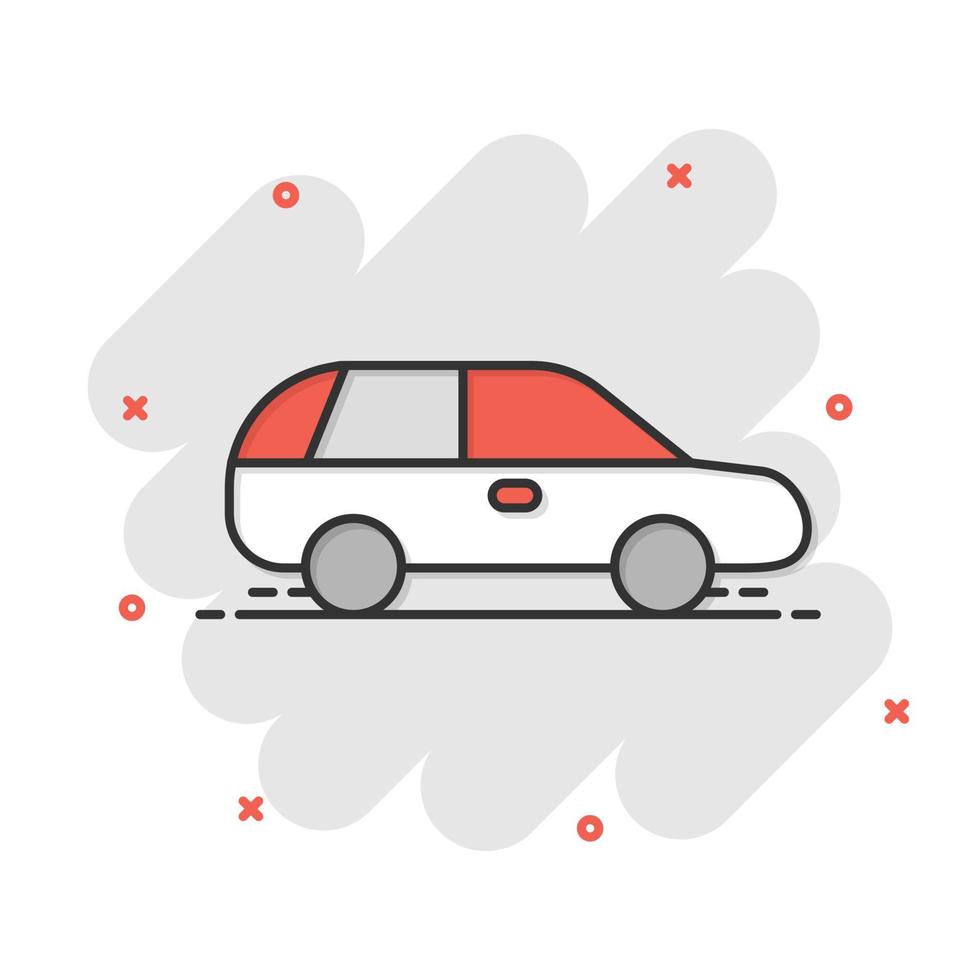 icono de coche en estilo cómico. ilustración de vector de dibujos animados de vehículo de automóvil sobre fondo blanco aislado. concepto de negocio de efecto de salpicadura de sedán.