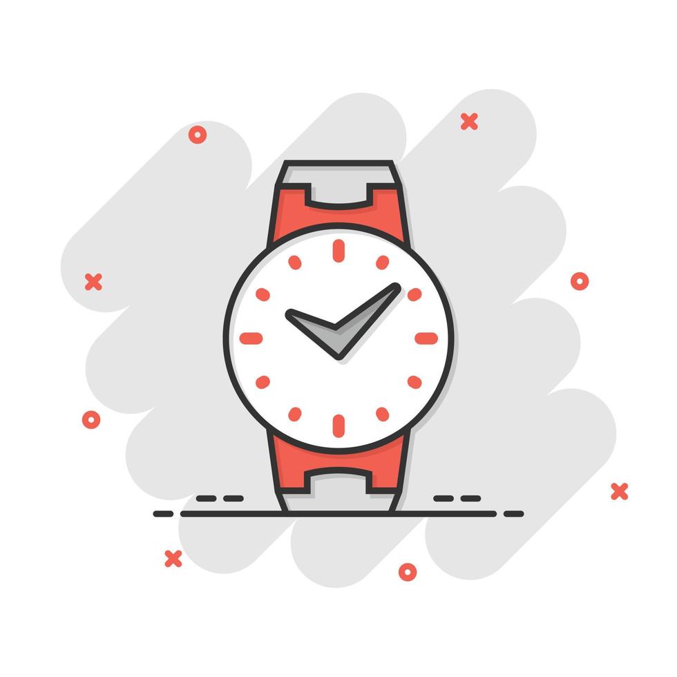 icono de reloj de pulsera en estilo cómico. ilustración de vector de dibujos animados de reloj de mano sobre fondo blanco aislado. concepto de negocio de efecto de salpicadura de pulsera de tiempo.