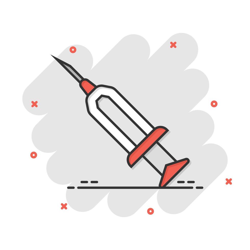 Syringe icon in comic style. Inject needle cartoon vector illustration on white isolated background. Drug dose splash effect business concept.