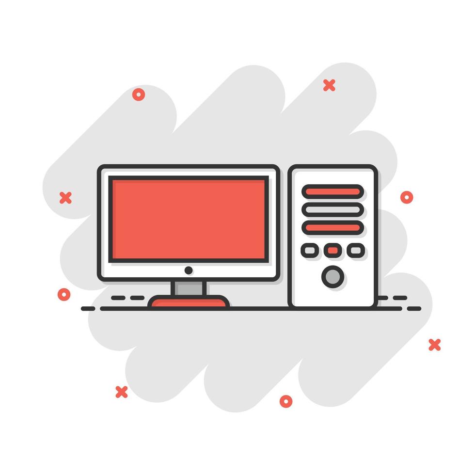 Pc computer icon in comic style. Desktop cartoon vector illustration on white isolated background. Device monitor splash effect business concept.