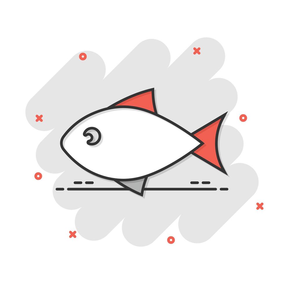 icono de pescado en estilo cómico. ilustración vectorial de dibujos animados de mariscos sobre fondo blanco aislado. concepto de negocio de efecto de salpicadura de animales marinos. vector