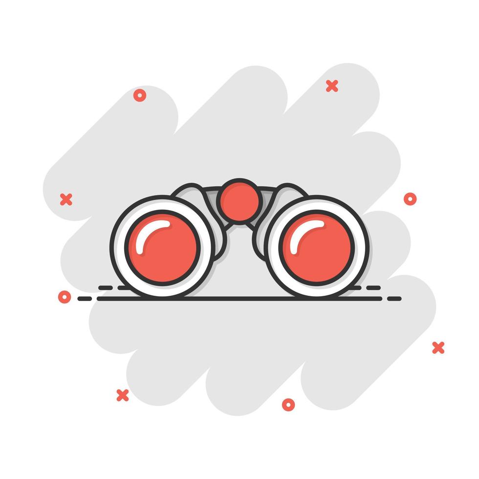 Binocular icon in comic style. Search cartoon vector illustration on white isolated background. Zoom splash effect business concept.