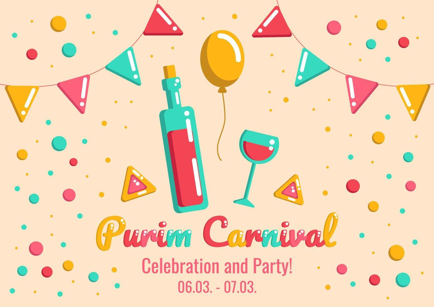 Purim holiday carnival announcement with wine and hamantaschen cookies, flags and confetti on a dark background, greeting, invitation for a jewish holiday. vector