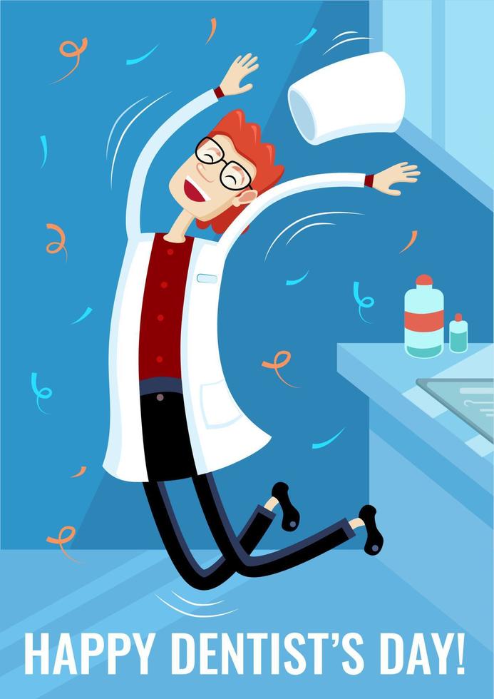 Happy dentist jumping in confetti on the International Dentist's Day, a doctor, a man in the Dental Clinic interior, vertical vector poster, banner, invitation.