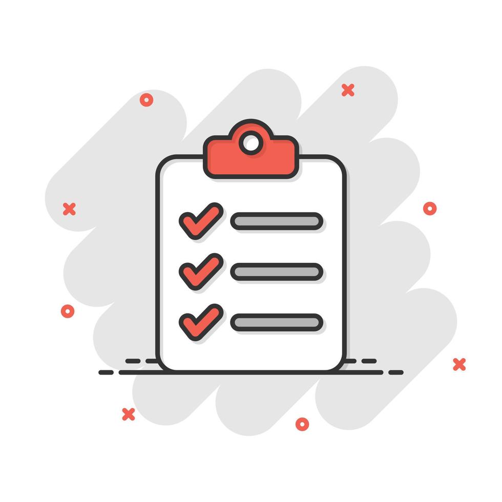 Document checklist icon in comic style. Report cartoon vector illustration on white isolated background. Paper sheet splash effect business concept.