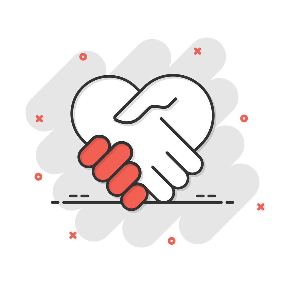 Handshake icon in comic style. Partnership deal cartoon vector illustration on white isolated background. Agreement splash effect business concept.