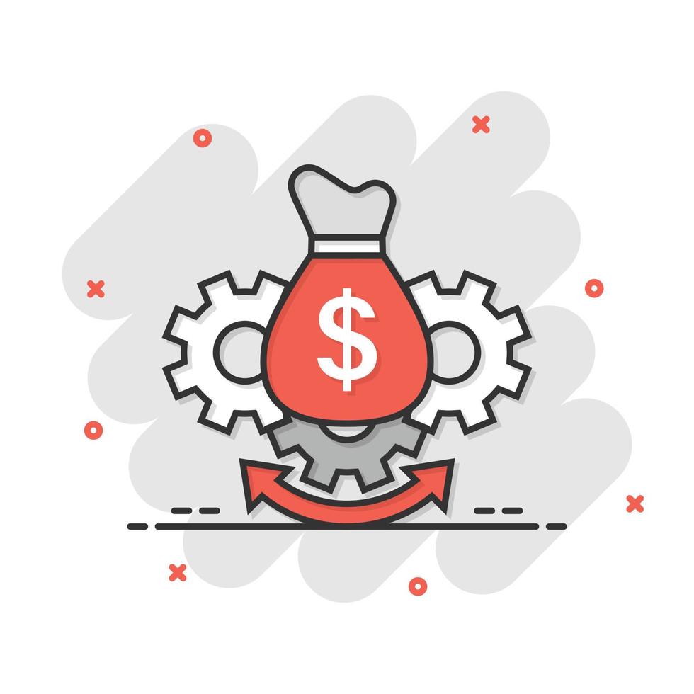 icono de optimización de dinero en estilo cómico. Ilustración de vector de dibujos animados eficaz de engranaje sobre fondo blanco aislado. concepto de negocio de efecto de salpicadura de proceso financiero.