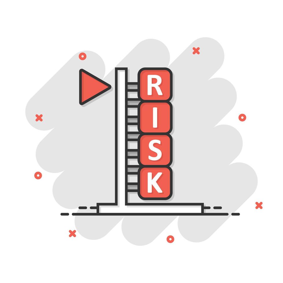 Risk level icon in comic style. Result cartoon vector illustration on white isolated background. Assessment splash effect business concept.