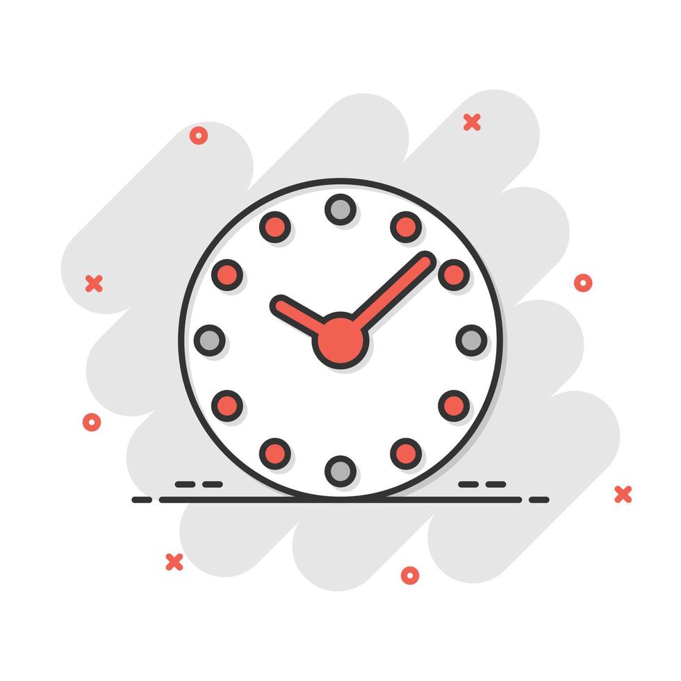 icono de reloj en estilo cómico. ver ilustración de vector de dibujos animados sobre fondo blanco aislado. concepto de negocio de efecto de salpicadura de temporizador.