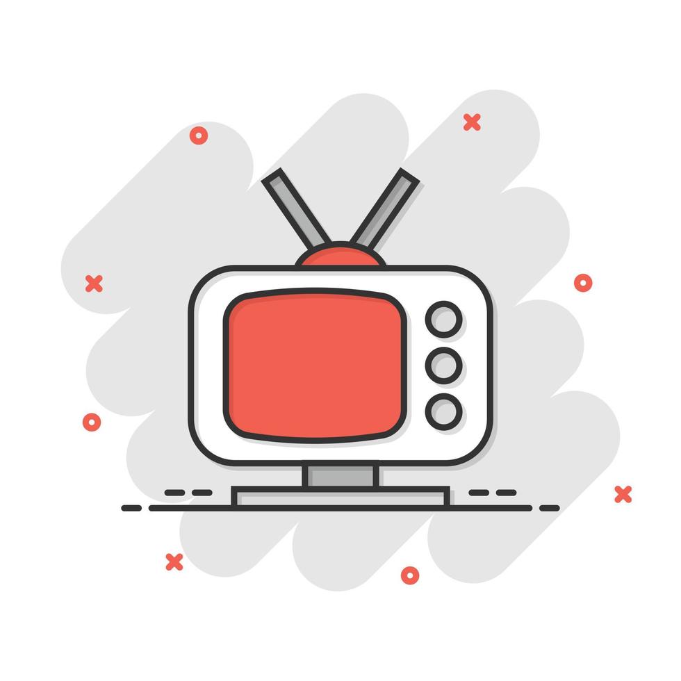 icono de tv en estilo cómico. ilustración de vector de signo de dibujos animados de televisión sobre fondo blanco aislado. concepto de negocio de efecto de salpicadura de canal de video.