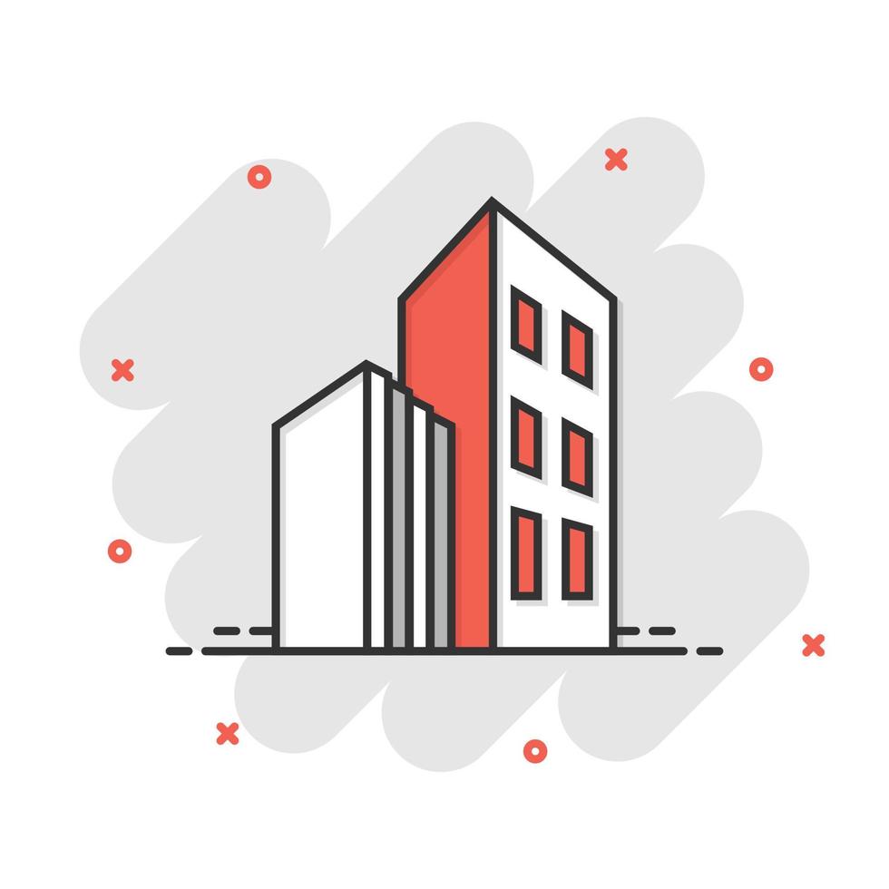 Building icon in comic style. Skyscraper cartoon vector illustration on white isolated background. Architecture splash effect business concept.