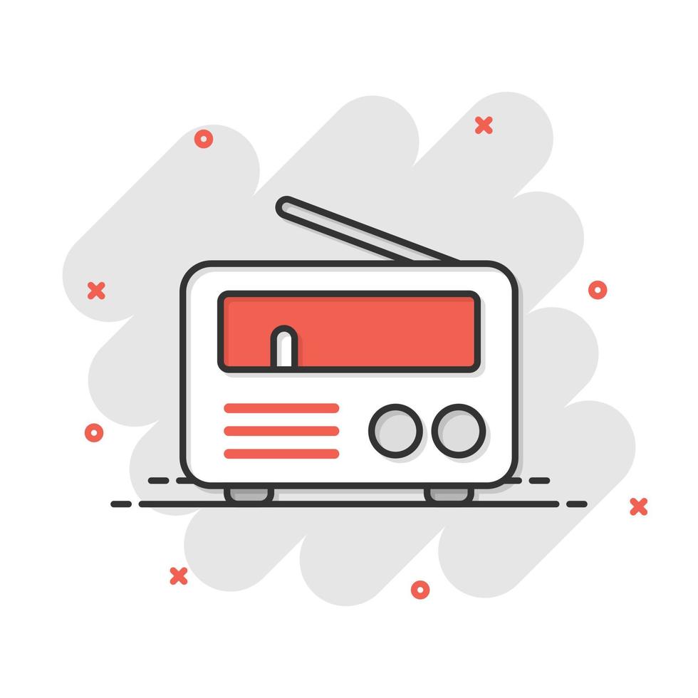 icono de radio en estilo cómico. ilustración de vector de dibujos animados de transmisión fm sobre fondo blanco aislado. concepto de negocio de efecto de salpicadura de radiodifusión.