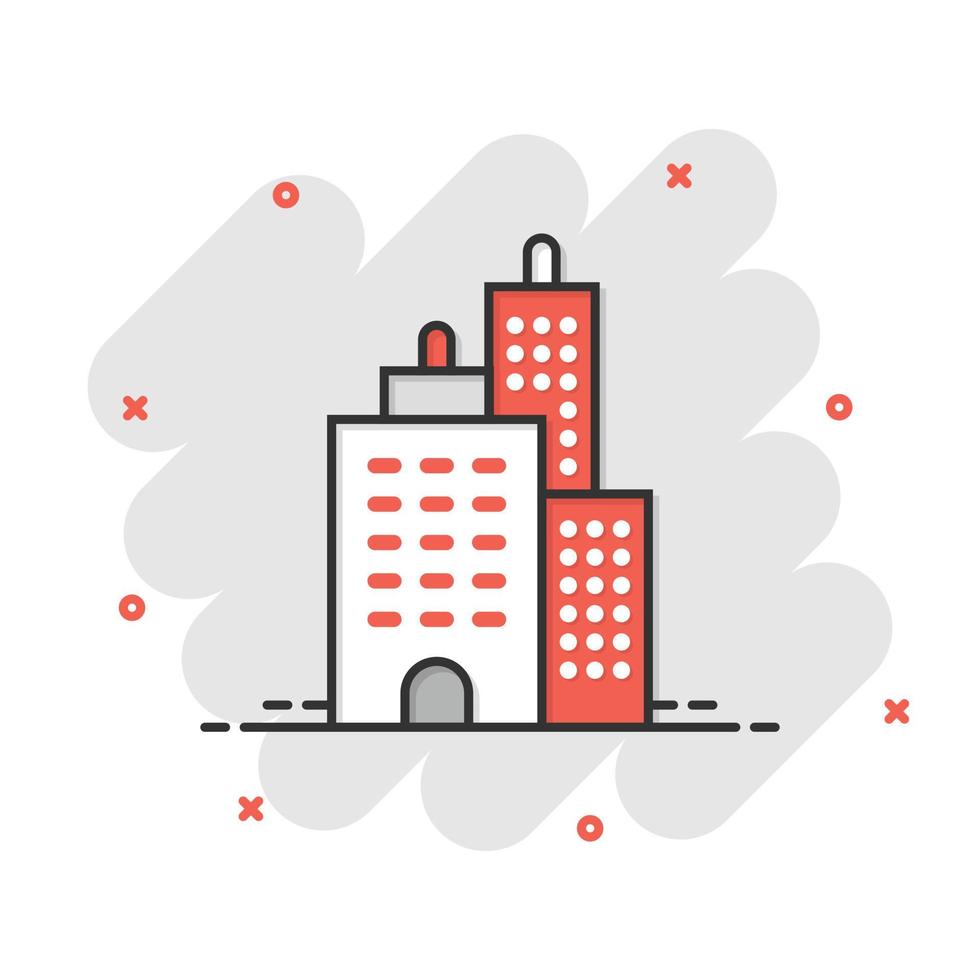 icono de construcción en estilo cómico. ciudad rascacielos apartamento dibujos animados vector ilustración sobre fondo blanco aislado. concepto de negocio de efecto de salpicadura de torre de la ciudad.