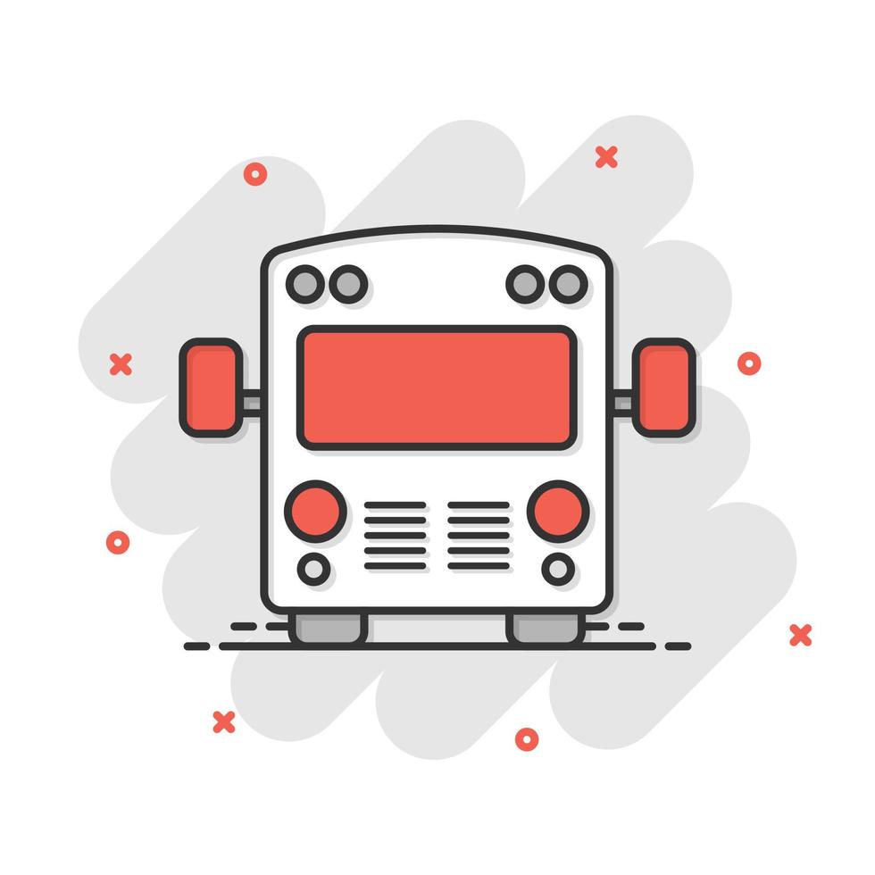 icono de autobús en estilo cómico. Ilustración de vector de dibujos animados de coche de entrenador sobre fondo blanco aislado. concepto de negocio de efecto de salpicadura de autobus.