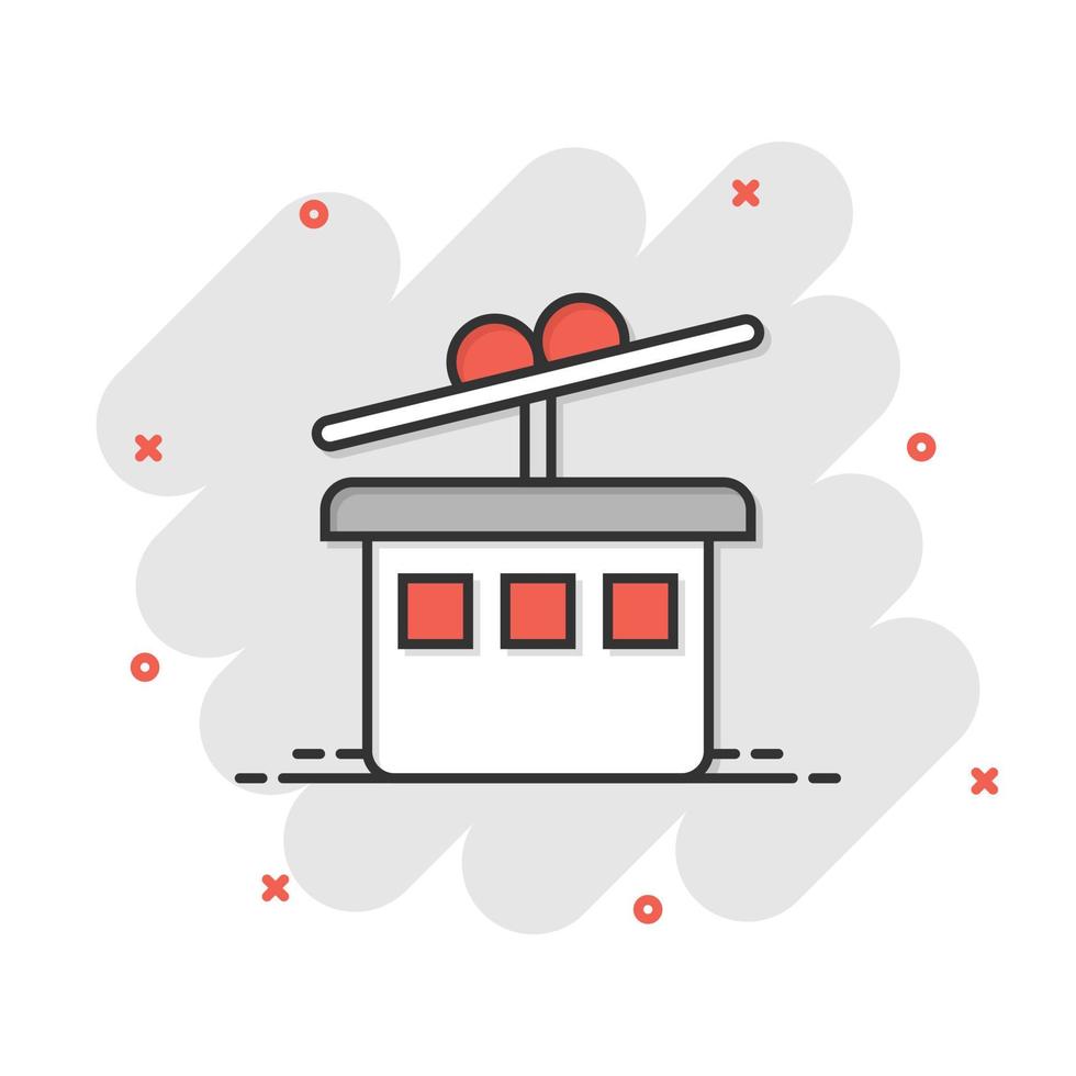Cable car icon in comic style. Elevator cabin cartoon vector illustration on white isolated background. Cableway splash effect business concept.