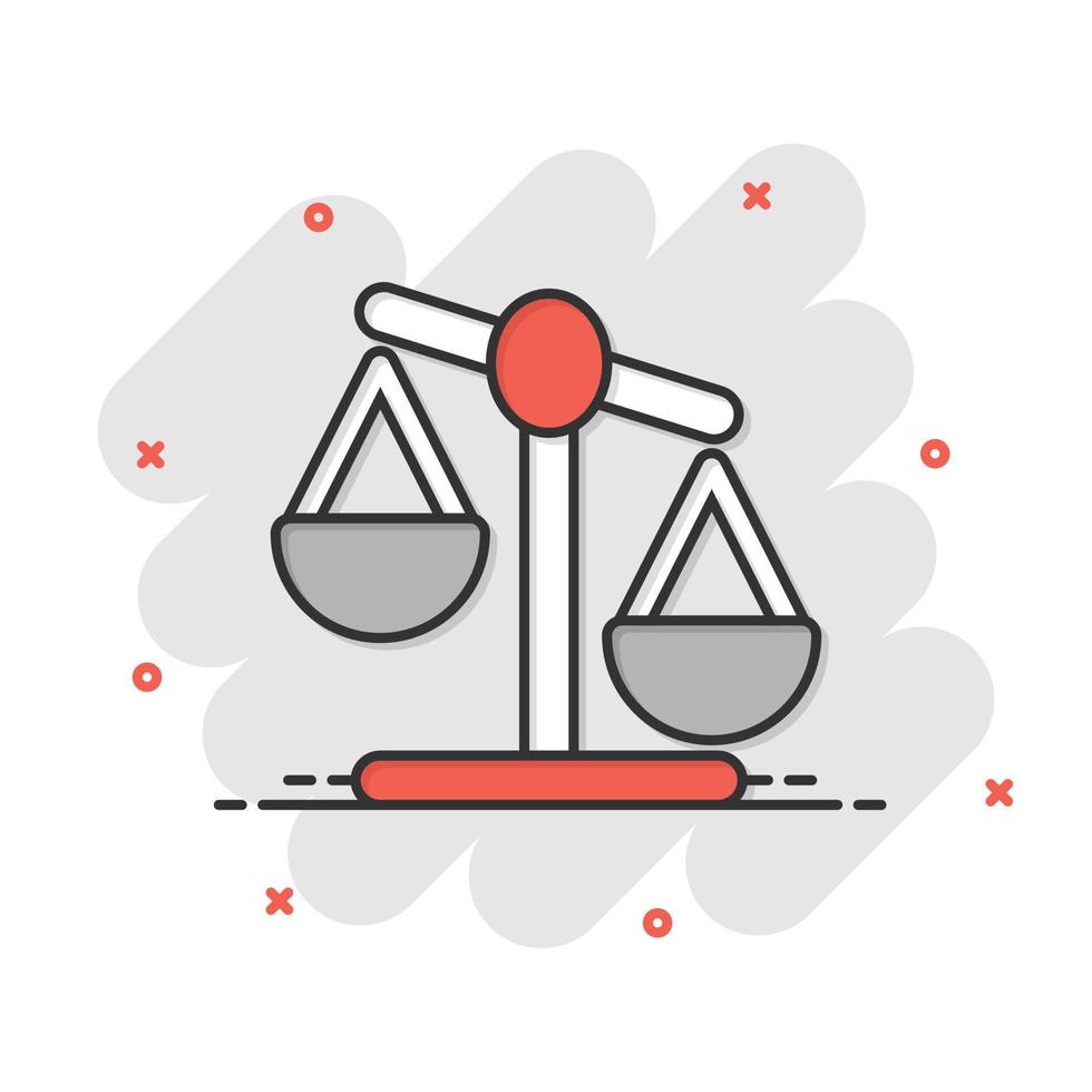 Scale balance icon in comic style. Justice cartoon vector illustration on white isolated background. Judgment splash effect business concept.