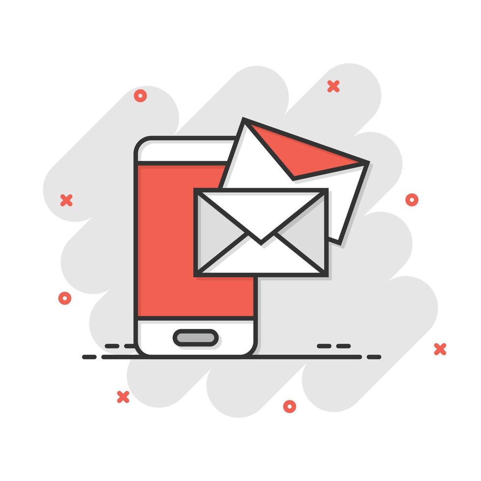 Message on smartphone icon in comic style. Mail with phone cartoon vector illustration on white isolated background. Envelope splash effect business concept.