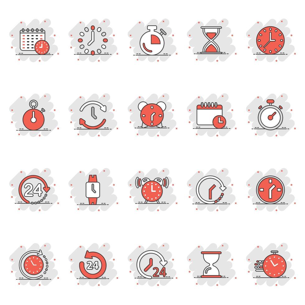 Time icon set in comic style. Agenda clock cartoon vector illustration on white isolated background. Sandglass, wristwatch timer splash effect business concept.