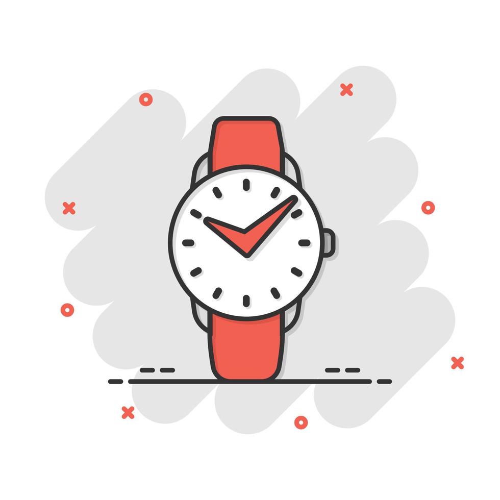 icono de reloj de pulsera en estilo cómico. ilustración de vector de dibujos animados de reloj de mano sobre fondo blanco aislado. concepto de negocio de efecto de salpicadura de pulsera de tiempo.