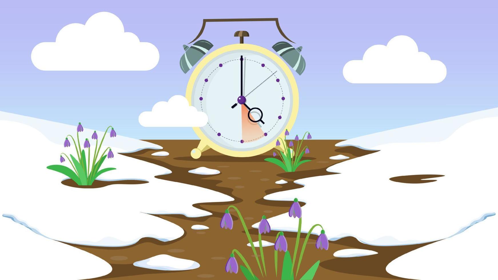 Daylight saving time banner. Clocks move forward. Squill flowers blossom and melting snow. Spring clock change concept. vector