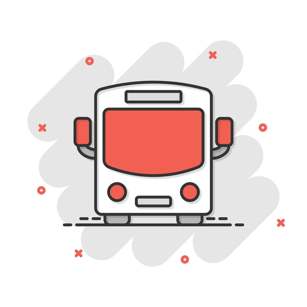 icono de autobús en estilo cómico. Ilustración de vector de dibujos animados de coche de entrenador sobre fondo blanco aislado. concepto de negocio de efecto de salpicadura de autobus.