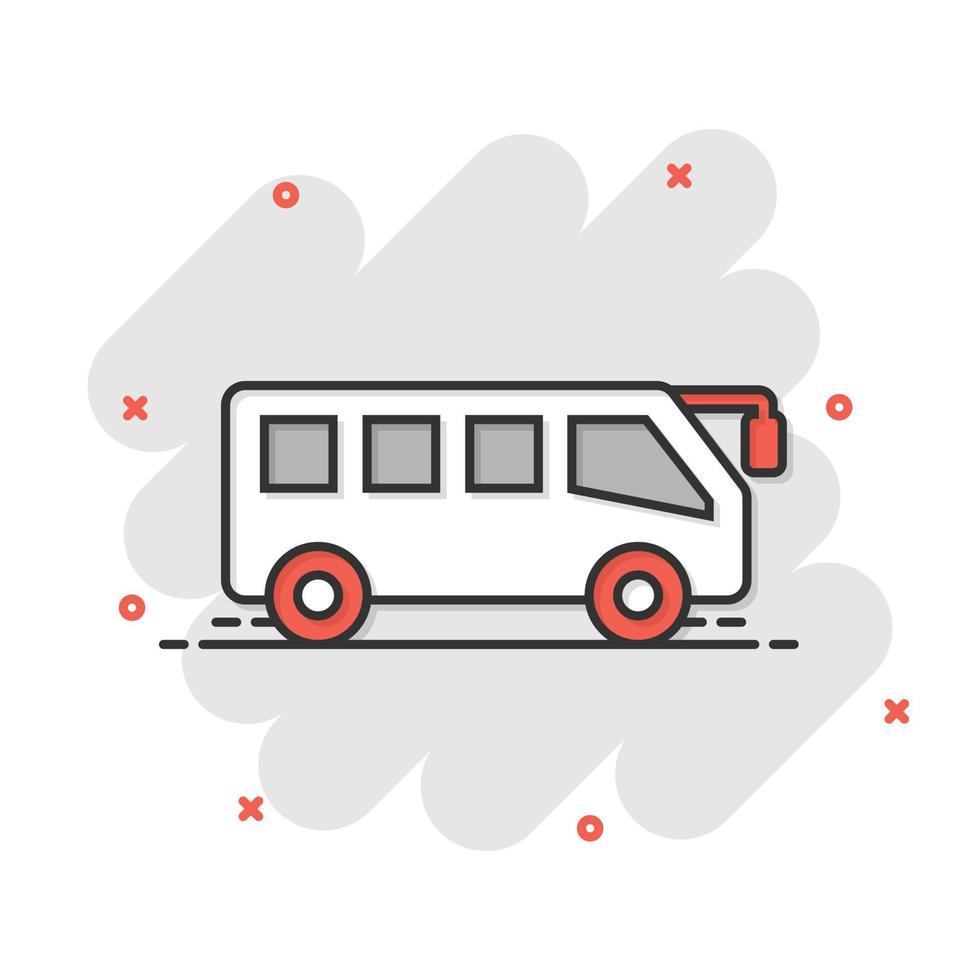icono de autobús en estilo cómico. ilustración de vector de dibujos animados de entrenador sobre fondo blanco aislado. concepto de negocio de efecto de salpicadura de vehículo autobus.