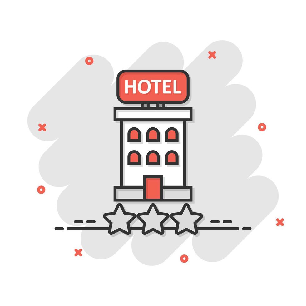 Hotel 3 stars sign icon in comic style. Inn building cartoon vector illustration on white isolated background. Hostel room splash effect business concept.